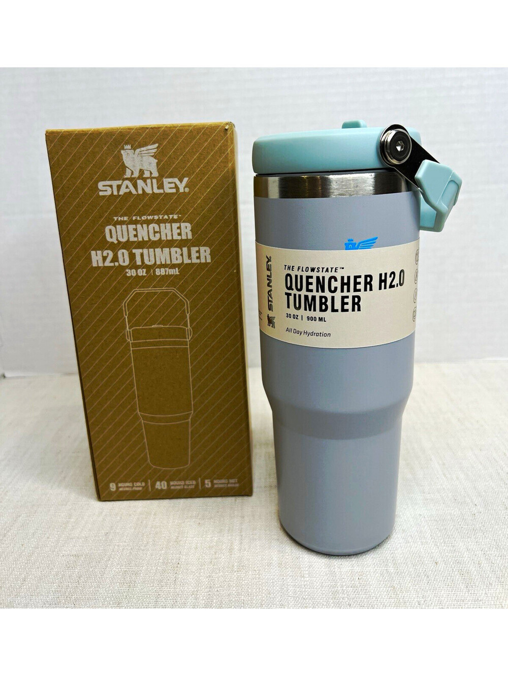 Stanley Flowstate Quencher H2.0 Tumbler Dune Gray/Blue 30 oz Lid Straw Steel